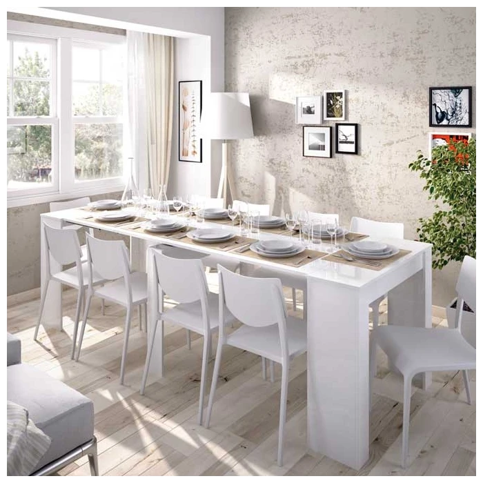 Extendable table with 5 positions. Adaptable table. From desk to dining table for 2 to 10 guests. Easy storage. Ideal for guests