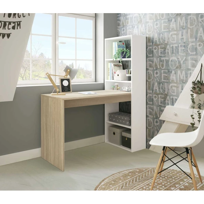 Desk with vertical bookshelf featuring 5 shelves