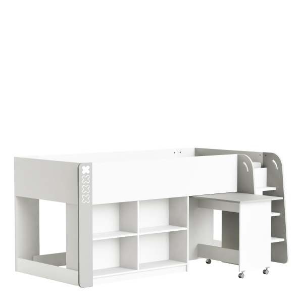 High loft bed for teens with a pull-out desk on wheels and shelving. Practical and modern.
