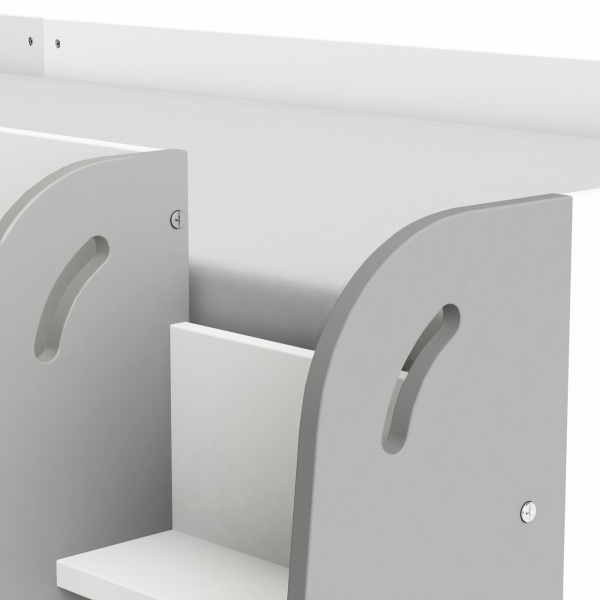 High loft bed for teens with a pull-out desk on wheels and shelving. Practical and modern.