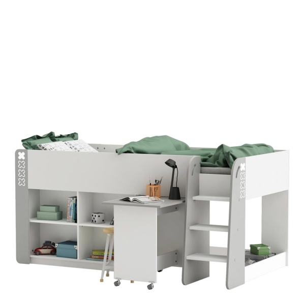High loft bed for teens with a pull-out desk on wheels and shelving. Practical and modern.