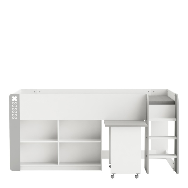 High loft bed for teens with a pull-out desk on wheels and shelving. Practical and modern.