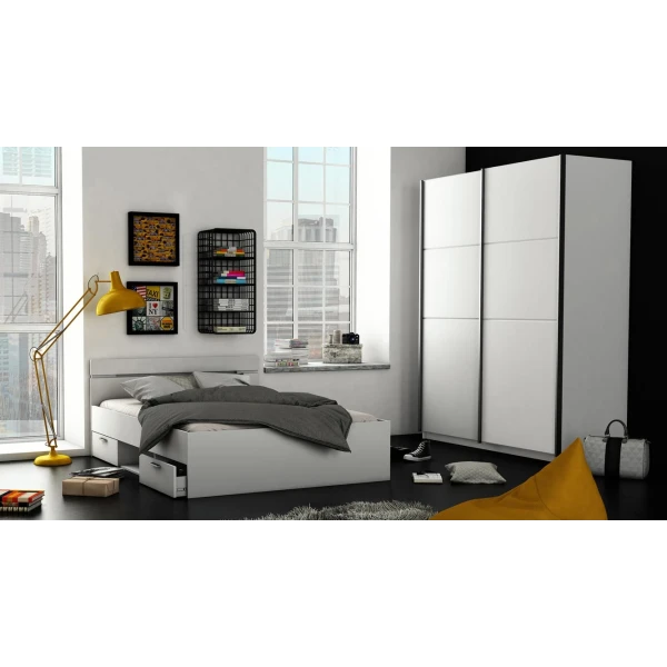 Double bed with headboard, lower drawers and shelf. 140 x 190 cm. Modern and functional bed.