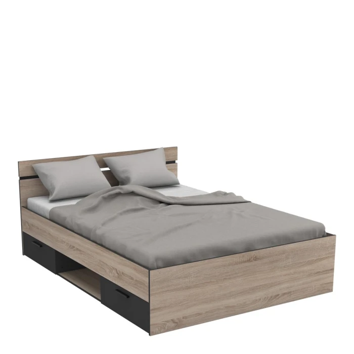 Double bed with headboard, lower drawers and shelf. 140 x 190 cm. Modern and functional bed.
