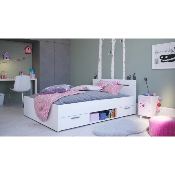Double bed with headboard, lower drawers and shelf. 140 x 190 cm. Modern and functional bed.