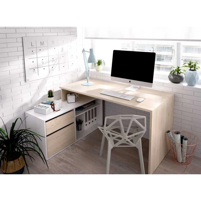 L-shaped desk with drawers and shelves