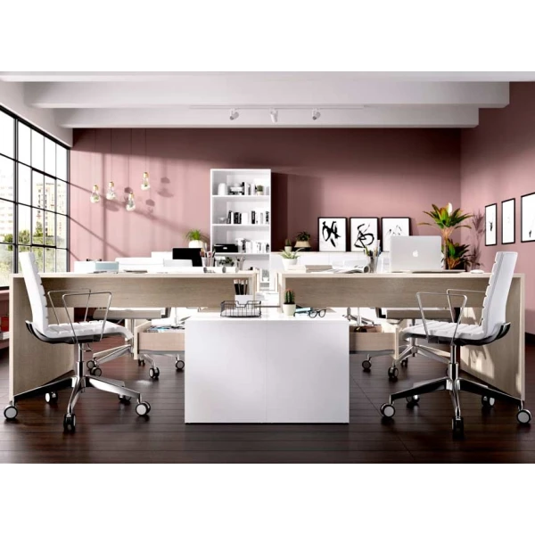 L-shaped desk with drawers and shelves