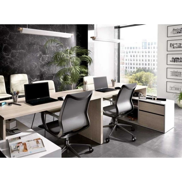 L-shaped desk with drawers and shelves