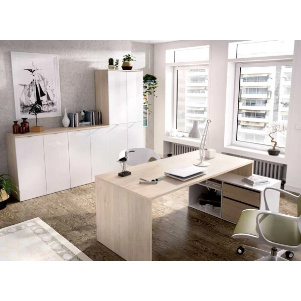 L-shaped desk with drawers and shelves