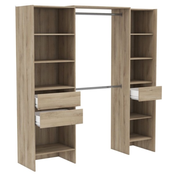 Open wardrobe measuring 192 x 50 cm with 2 bars, 3 drawers, and 9 shelves. Great storage capacity