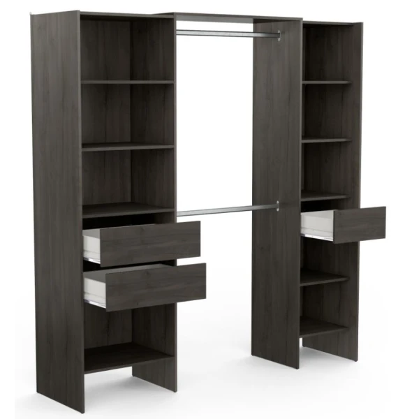 Open wardrobe measuring 192 x 50 cm with 2 bars, 3 drawers, and 9 shelves. Great storage capacity