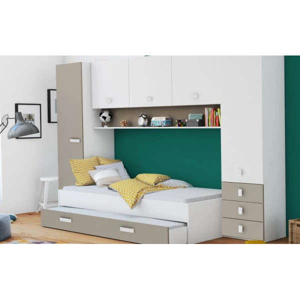 Full youth Bedroom furniture. Includes bed, wardrobes, 3 drawers, and a shelf. Functional. Great value for money. 