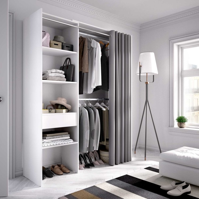 Open wardrobe with drawer and modern curtain. 2 hanging bars. 4 shelves. Open cabinet with curtain.