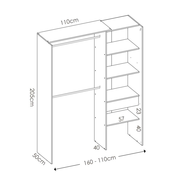 Open wardrobe with drawer and modern curtain. 2 hanging bars. 4 shelves. Open cabinet with curtain.