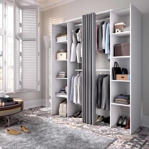 Open wardrobe with 2 columns and curtain. 2 hanging bars. 10 shelves. Adjustable size.