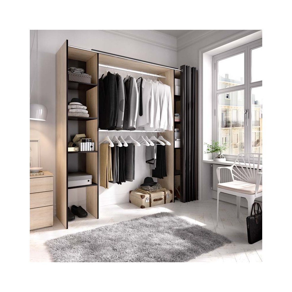 Open wardrobe with 2 columns and curtain. 2 hanging bars. 10 shelves. Adjustable size.