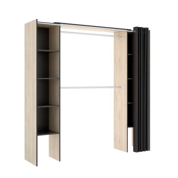 Open wardrobe with 2 columns and curtain. 2 hanging bars. 10 shelves. Adjustable size.