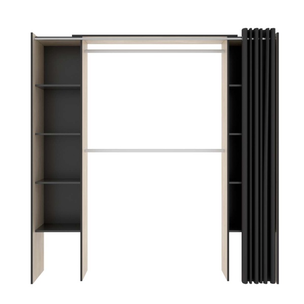 Open wardrobe with 2 columns and curtain. 2 hanging bars. 10 shelves. Adjustable size.