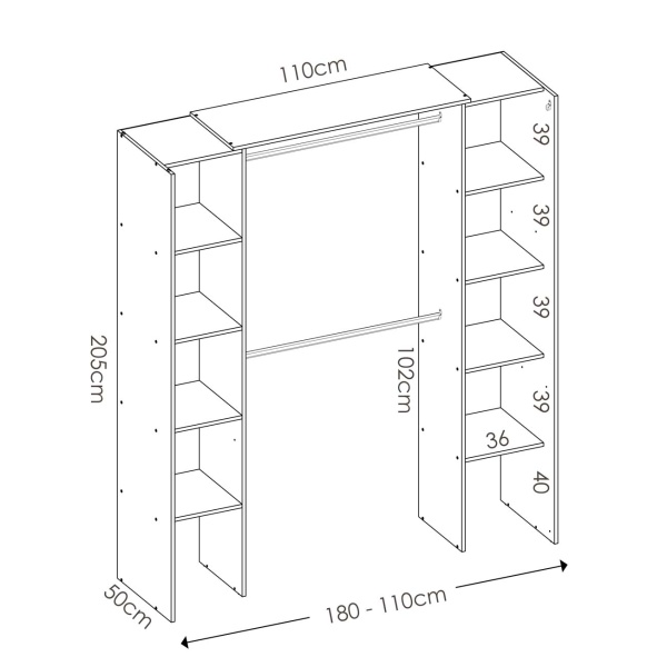 Open wardrobe with 2 columns and curtain. 2 hanging bars. 10 shelves. Adjustable size.