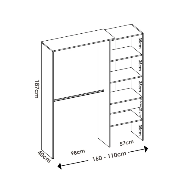 Open wardrobe with 2 bars, drawer and 4 shelves. Open wardrobe adjustable in size.