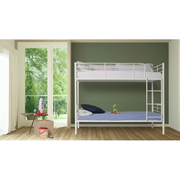 Practical and durable metal bunk bed. Divisible into 2 single beds. Ladder included. Full railing.