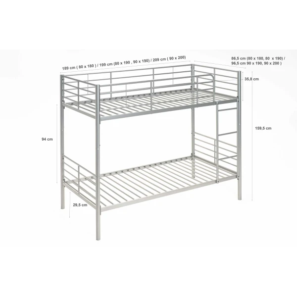 Practical and durable metal bunk bed. Divisible into 2 single beds. Ladder included. Full railing.