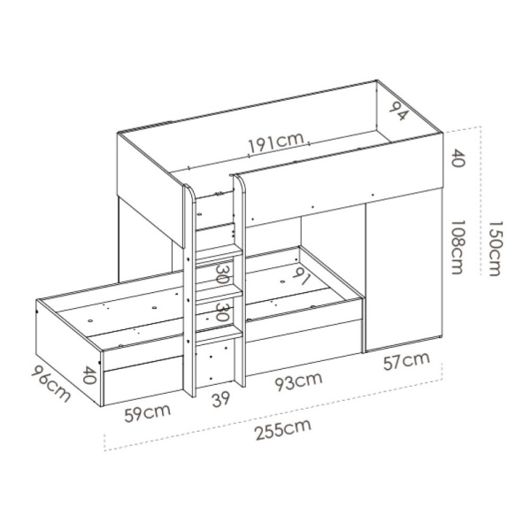 bunk bed with drawers and wardrobe