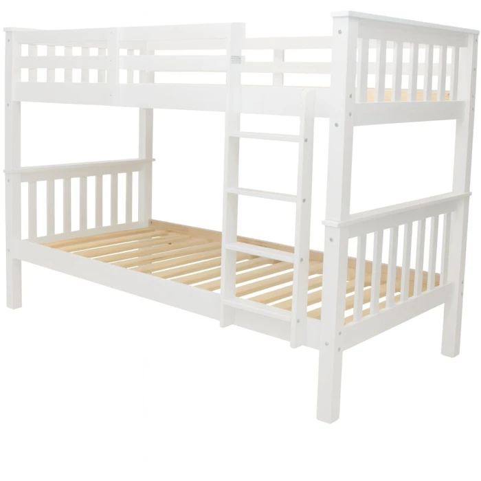 Front view of Minerva Vicawu wooden bunk bed with white frame and wooden slats for 90x190 mattress