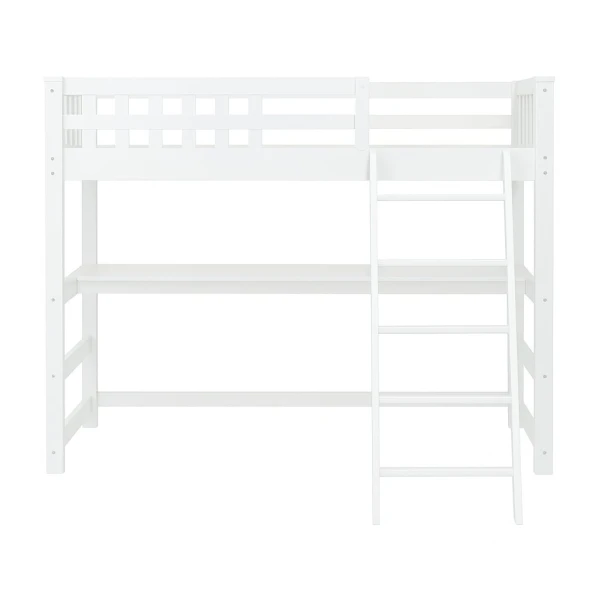 Front view of white loft bed with integrated desk – Sophia model by Vicawu