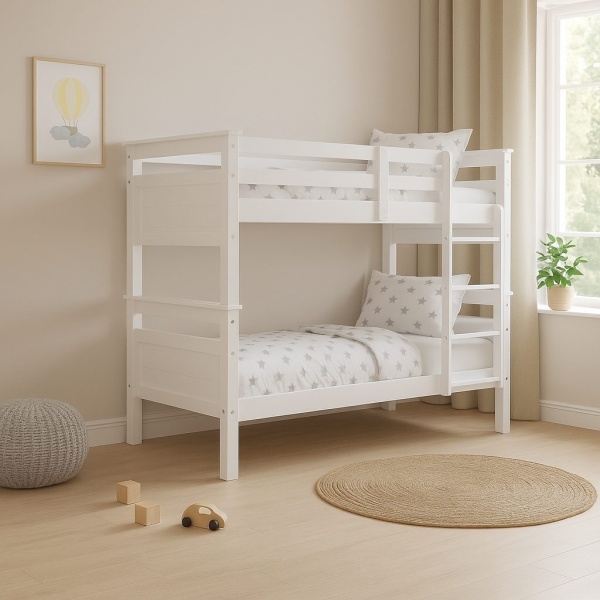 White Titan Vicawu wooden bunk bed 90x190 in decorated kids bedroom with soft lighting and cozy décor