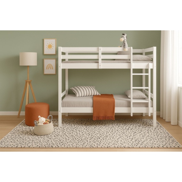 White Atlas Vicawu wooden bunk bed in decorated kids bedroom with warm colors and soft natural light