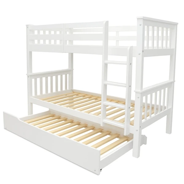 Minerva Vicawu white wooden bunk bed with pull-out trundle bed and slatted base for 90x190 mattresses