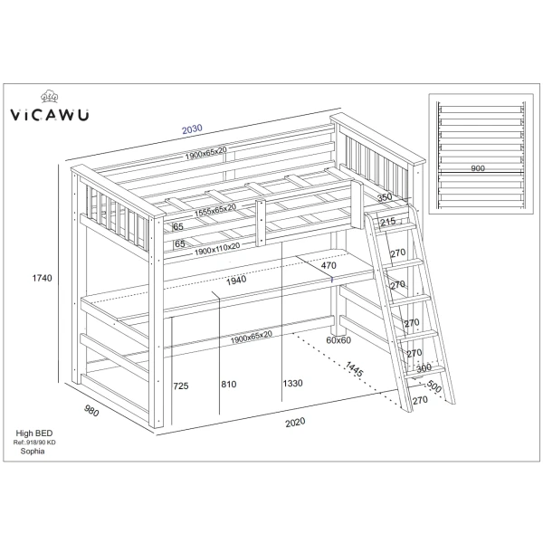 Technical diagram of the Sophia Vicawu loft bed with desk, showing detailed measurements and structural dimensions