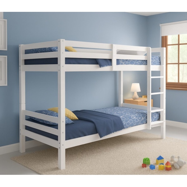 White wooden bunk bed in a blue kids bedroom with simple modern decor