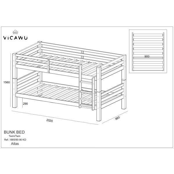 Technical drawing of Atlas Vicawu wooden bunk bed with detailed measurements