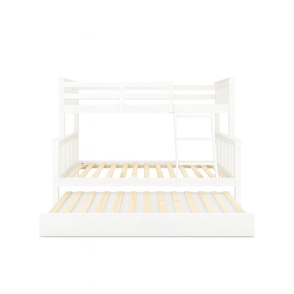 White wooden bunk bed Arenas Vicawu with pull-out trundle bed and slatted base, front view