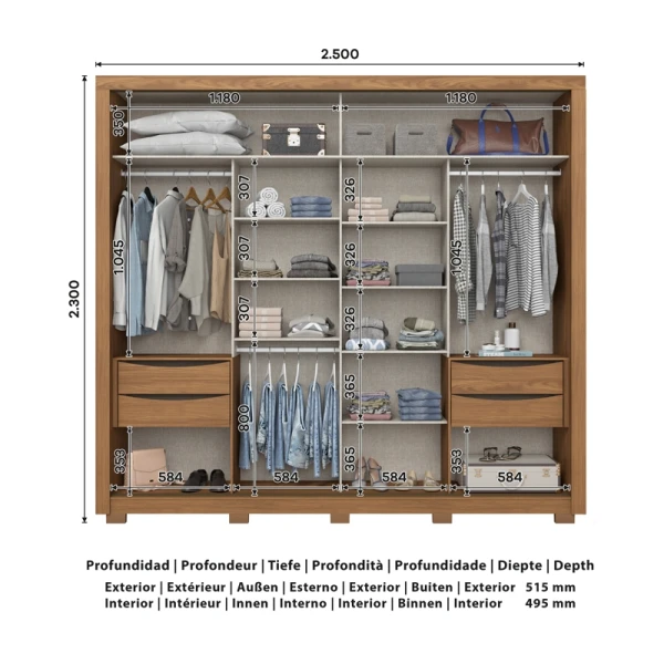 Zenit Vicawu wardrobe measurements diagram with internal and external dimensions