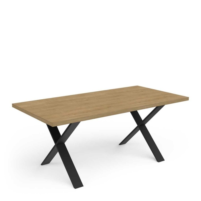 Industrial dining table Cross Vicawu with metal X legs and dark oak top, modern industrial style
