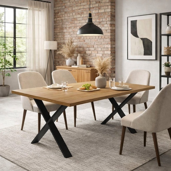 Cross Vicawu industrial dining table in modern dining room setting with metal legs and wooden top