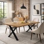 Cross Vicawu industrial dining table in modern dining room setting with metal legs and wooden top