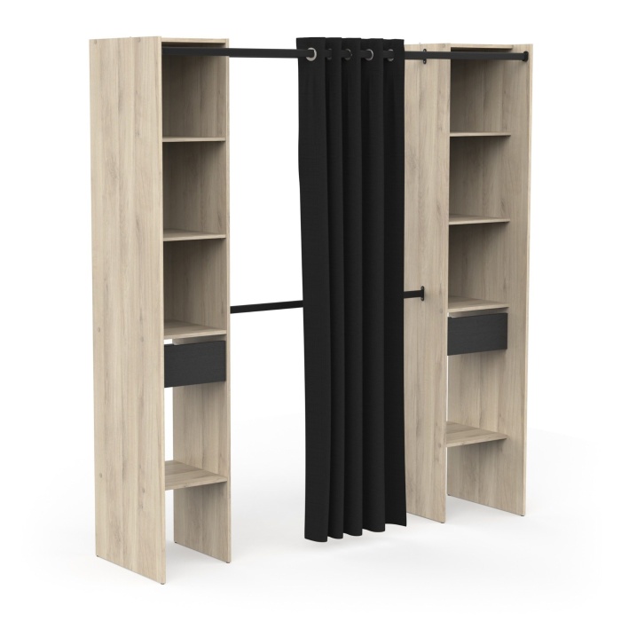 Open wardrobe Bastet Plus Vicawu with curtain and drawers, modern storage with shelves and hanging rail