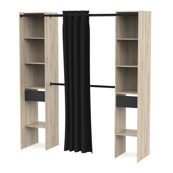 Open wardrobe Bastet Plus Vicawu with shelves, drawers and curtain, versatile bedroom storage