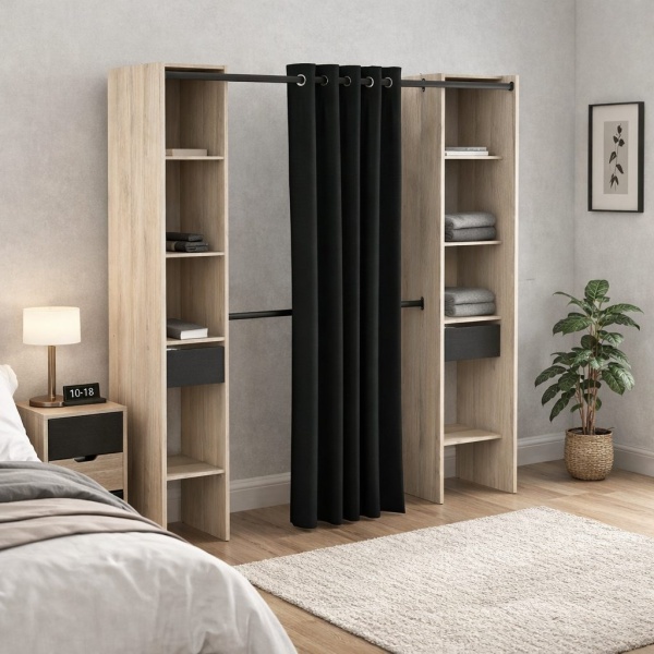 Bastet Plus Vicawu open wardrobe styled in modern bedroom, curtain and drawers included