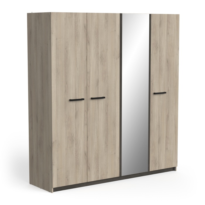 4-Door Oak Wardrobe with Mirror and Black Handles, 179x192 cm