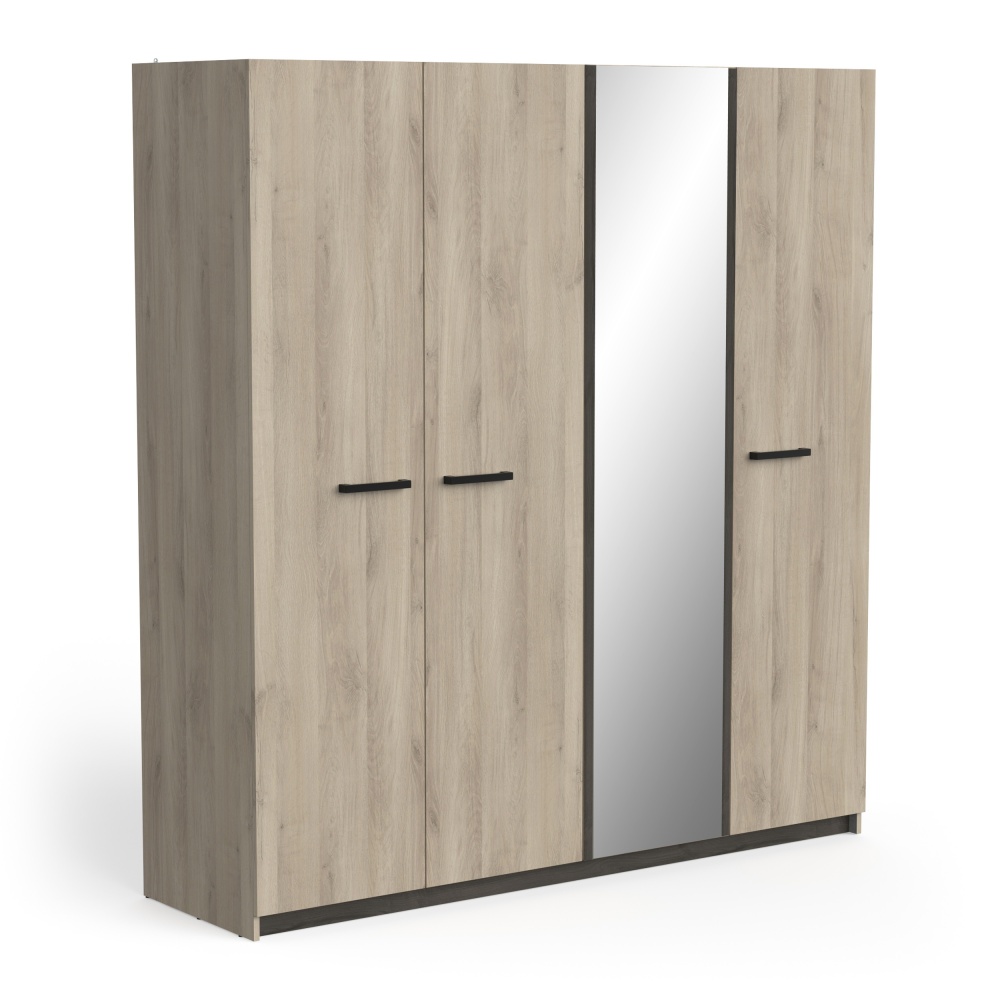 4-Door Oak Wardrobe with Mirror and Black Handles, 179x192 cm