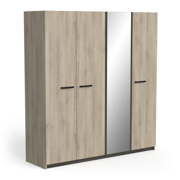 4-Door Oak Wardrobe with Mirror and Black Handles, 179x192 cm