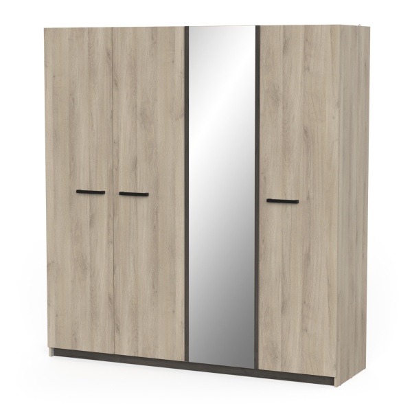 4-Door Oak Wardrobe with Mirror, Spacious Bedroom Storage Solution