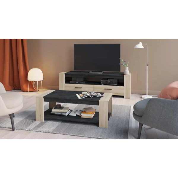 Sheffield Living Room Set: TV Unit and Matching Coffee Table, Oak and Grey Finish