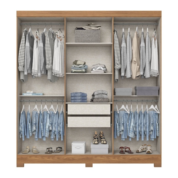 Wilsor 6 Door Bicolour Wardrobe open view, interior layout with rails, shelves and drawers
