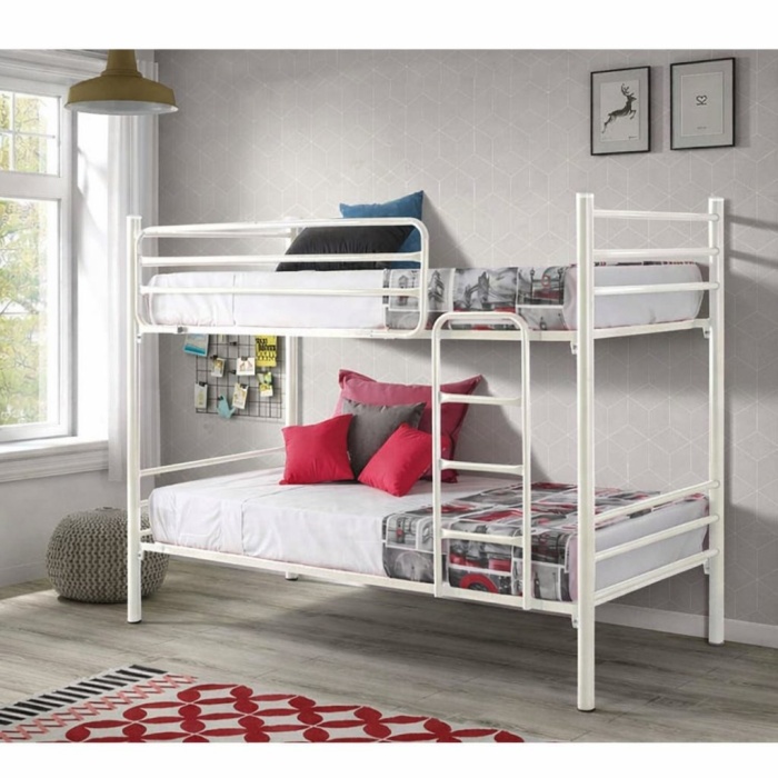 White metal bunk bed for kids bedroom, sturdy double bed frame with modern minimalist design